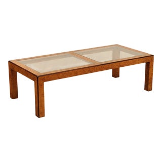 1970s John Widdicomb Modern Burl Wood Glass Top Cocktail Table For Sale