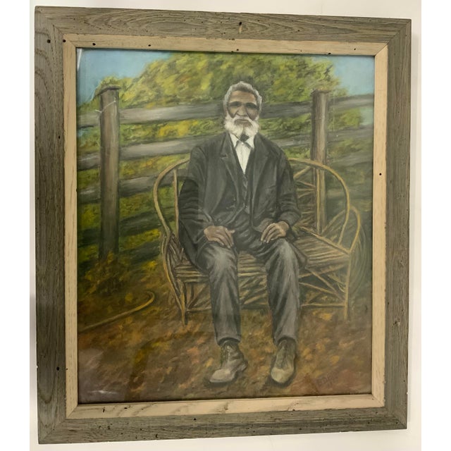 Wonderful vintage drawing of a distinguished African-American gentleman sitting on the rustic bench. Signet and dated on...