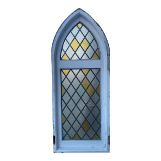 Original Spanish Tudor Cathedral Style Arced Stained Glass Window For Sale