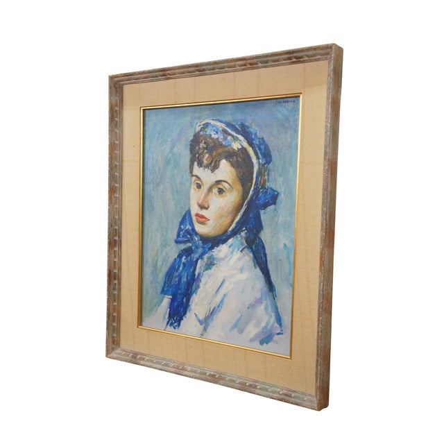 The American School Late 20th Century Thomas J Strickland Woman in Blue Bonnet Original Portrait Oil Painting 26", Framed For Sale - Image 3 of 12