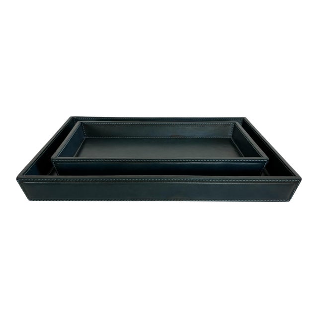 Pigeon & Poodle Hunter Green Leather Tray Set For Sale