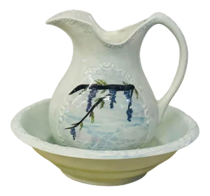 Antique Hand-Painted Victorian Ironstone Pitcher & Basin- 2 Pieces