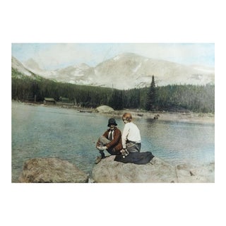 1920s Tinted Photograh Girlfriends at Mountain Lake Landscape For Sale