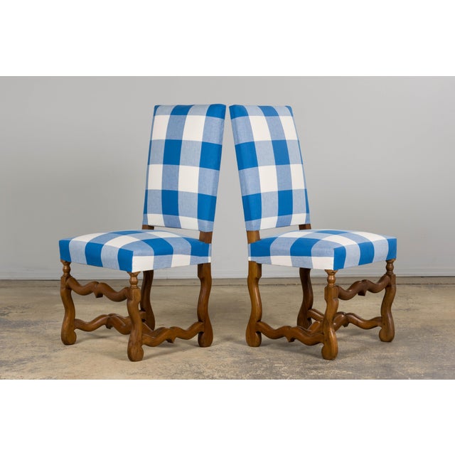 French Louis XIII Style Os De Mouton Walnut Dining Chairs W/ Tabourets in Blue Plaid - Set of 8 For Sale - Image 17 of 18