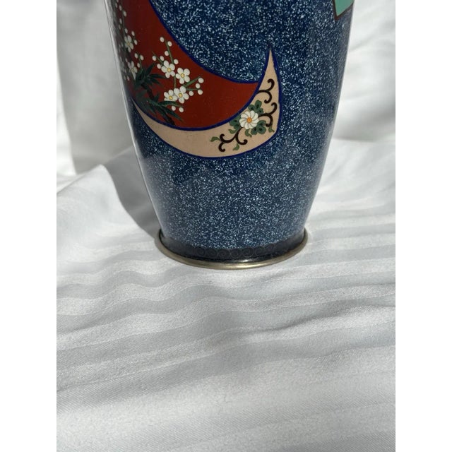 20th Century Japanese Cloisonne Enamel Vase Speckled Blue Ground Butterflies Floral Motifs For Sale - Image 9 of 15