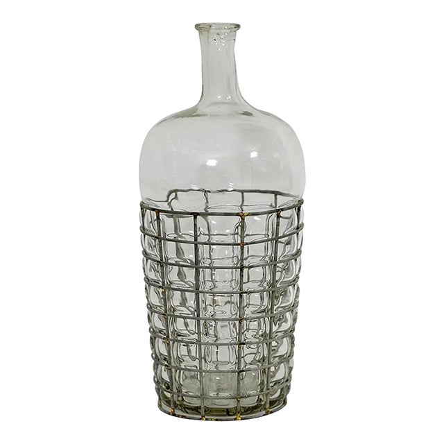 Vintage Wire Basket Glass Vase For Sale