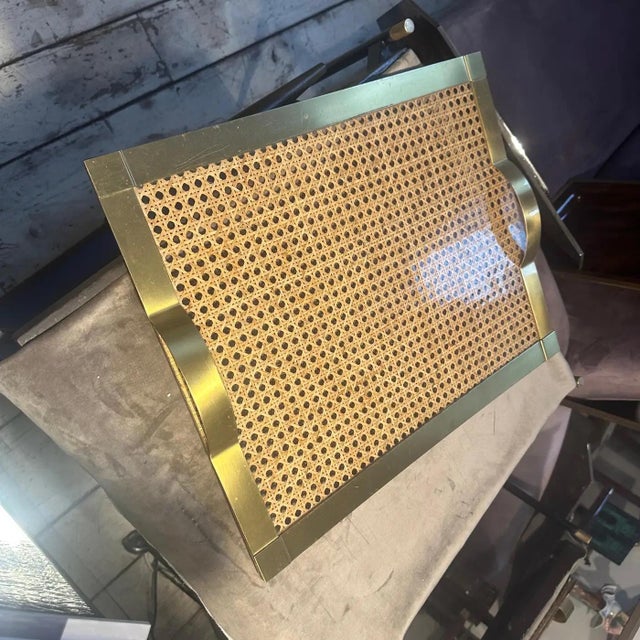 1970s Dior Home Style Mid-Century Modern Brass and Vienna Straw Serving Tray For Sale - Image 11 of 12