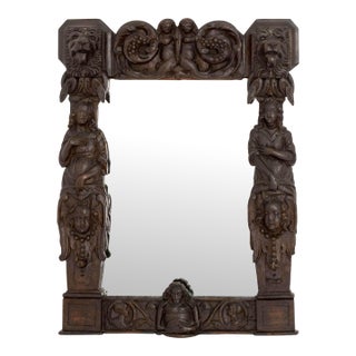 German Renaissance Revival Carved Oak Framed Mirror For Sale