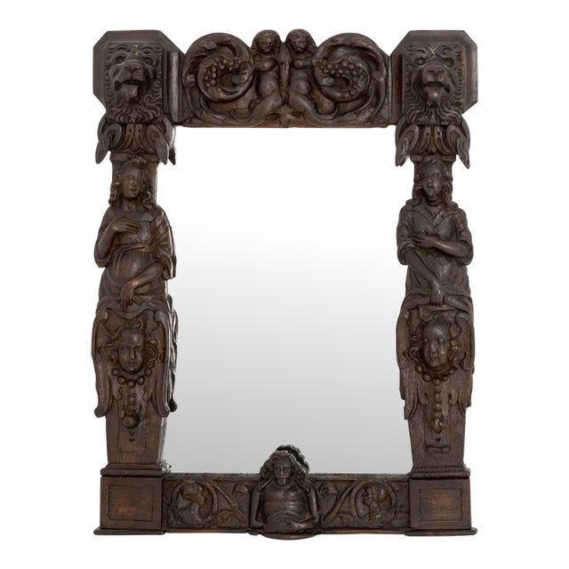 German Renaissance Revival Carved Oak Framed Mirror For Sale