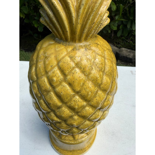 Vintage ceramic pineapple table lamp featuring a highly sculpted pineapple form with a rich mustard yellow glaze and fine...