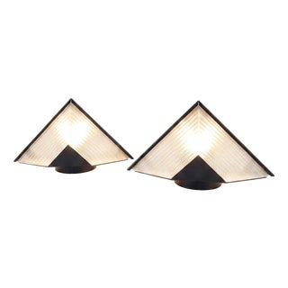 Vintage Pyramid Table Lamp with Ribbed Glass and Metal Base, 1980s For Sale