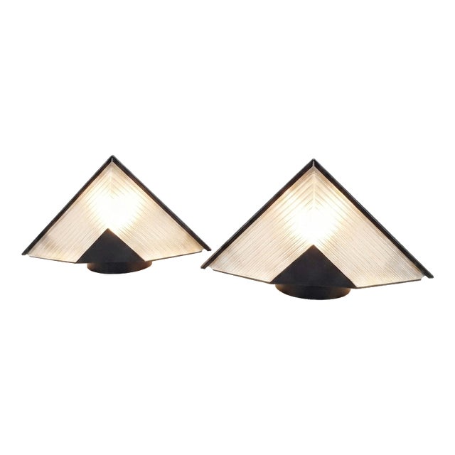 Vintage Pyramid Table Lamp with Ribbed Glass and Metal Base, 1980s For Sale