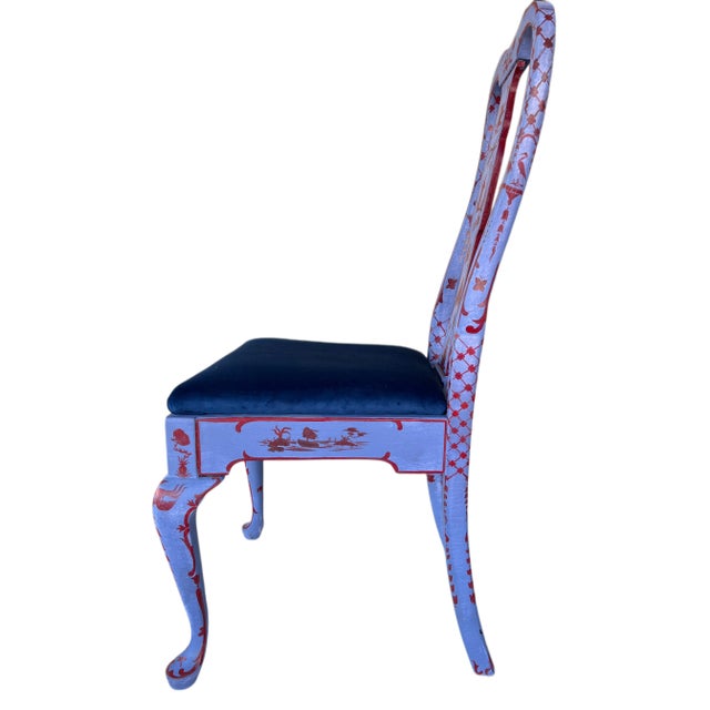 Chinoiserie Vintage Handpainted Chinoiserie Chic Blue Accent Chair With New Velvet Upholstery For Sale - Image 3 of 5