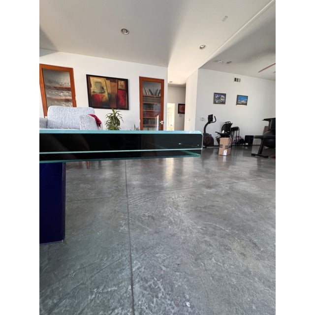 1990s Large Asymmetrical Sculptural Glass Coffee Table With Cobalt Blue Pedestal Base For Sale - Image 4 of 13