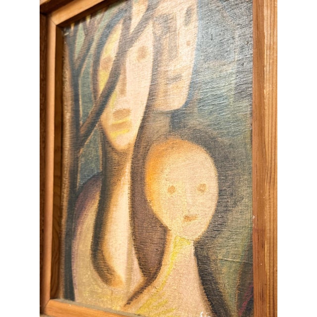 Wood Brutalist Figurative Oil Painting Signed Simon 1970 Postmodern Figures Art For Sale - Image 7 of 9