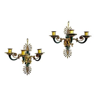 Antique Pair French Empire Gilt Bronze Candle Sconces Floral Scroll Arms For Sale