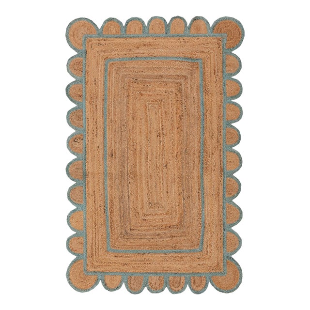 Scallop Jute Turquoise Blue Hand Made Rug - 6x9 For Sale