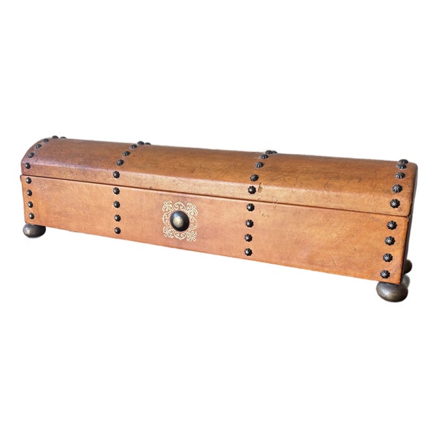 Vintage Mid-Century Leather Clad Decorative Box With Bronze Accents For Sale