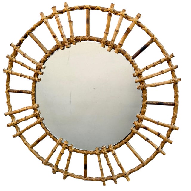 Vintage French Round Rattan Mirror, 1950s For Sale - Image 3 of 7