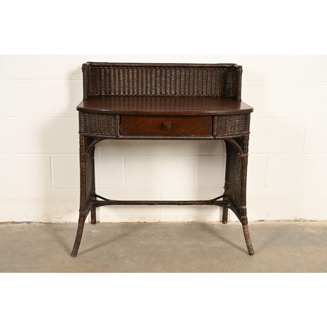 Heywood-Wakefield Antique Arts & Crafts Mission Oak & Rattan Wicker Writing Desk | Circa 1890s For Sale - Image 15 of 15