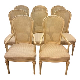 Vintage Drexel Heritage Shabby Chic Cane Back Dining Chairs - Set of 8 For Sale