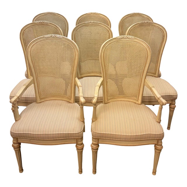 Vintage Drexel Heritage Shabby Chic Cane Back Dining Chairs - Set of 8 For Sale