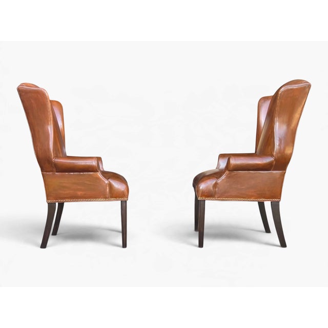 Pair of Vintage Cognac Leather Wingback Chairs With Louis XVI–Style Fluted Legs For Sale - Image 9 of 11