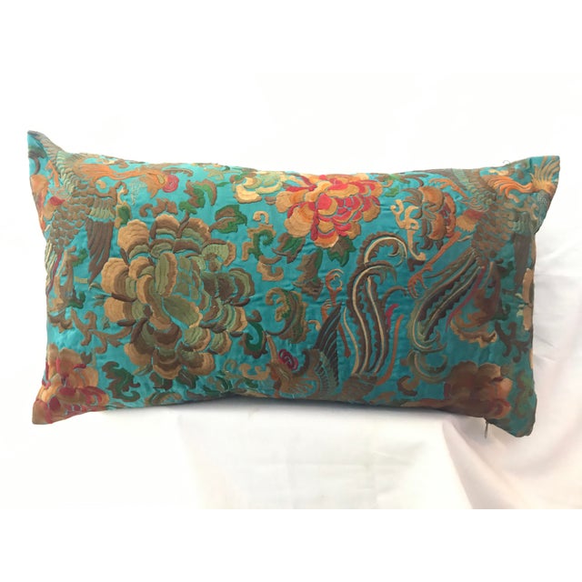 Hollywood Regency Silk Turquoise Embroidered Chinoiserie Boudoir Pillow