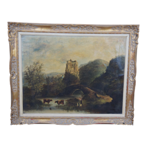 Antique 19th C. English Castle Ruins Oil Landscape Painting Cattle Farmer, Framed