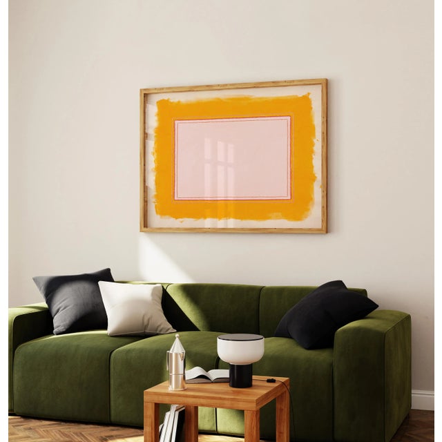 Contemporary Marigold Yellow & Pink Abstract Minimalist Art Print, 24 X 30 Print in Wood Frame For Sale - Image 3 of 5
