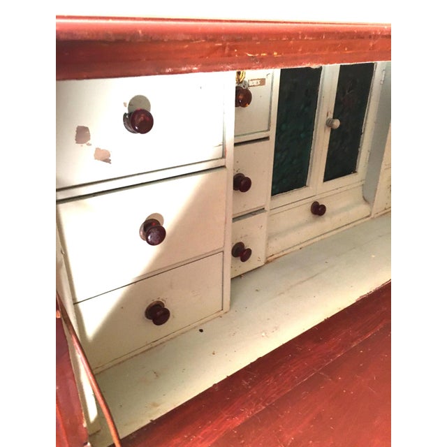 19thc Medical Paw Foot Cabinet Desk W/Original Milk Paint & Colored Glass Panels For Sale - Image 4 of 18