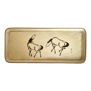 Vintage Signed Asian Hand-Painted Horse Tray For Sale