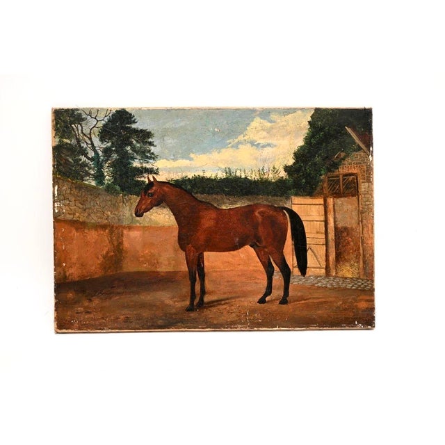 A charming antique Georgian period oil painting of a horse. This is English, we would date it from around the 1790-1810...