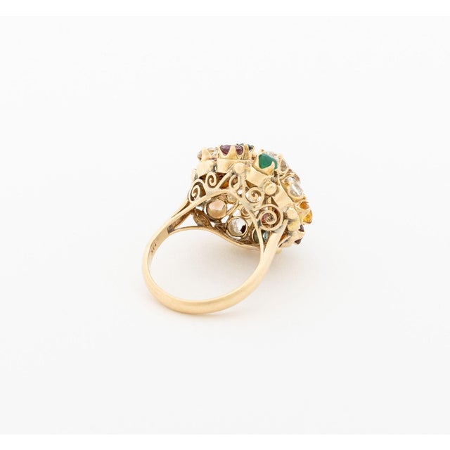Gold 14k Yellow Gold and Multicolored Gemstone Cluster Ring For Sale - Image 8 of 13