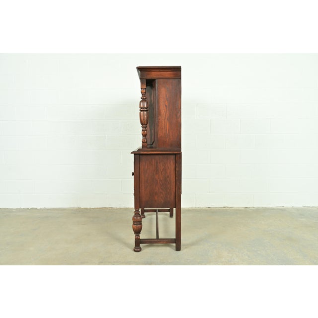 Berkey & Gay Style Antique English Jacobean Carved Oak Bar Cabinet, Circa 1920s For Sale - Image 14 of 16