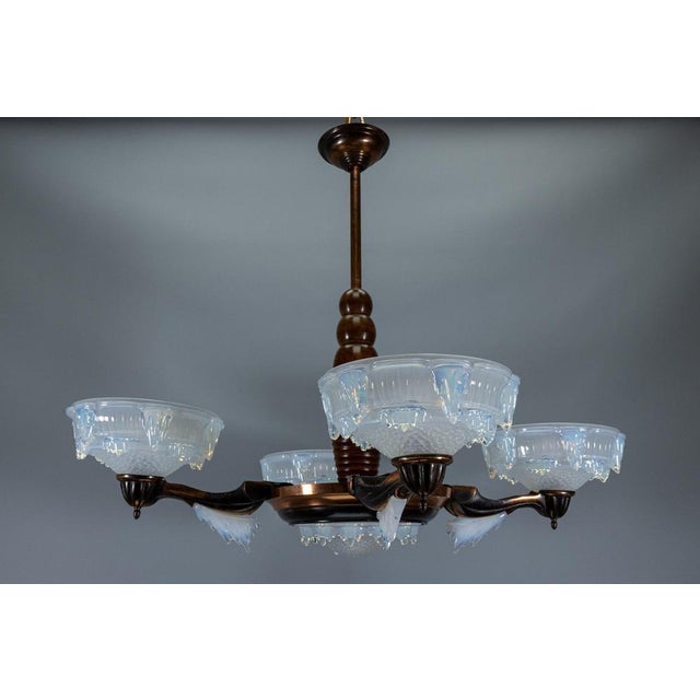 Art Deco French Coppered Metal and Opalescent Glass Chandelier from Ezan, 1930s For Sale - Image 18 of 18