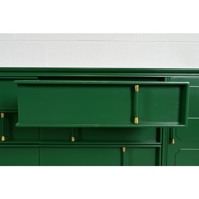 Green Thomasville Hollywood Regency Chinoiserie Green Lacquered Long Dresser or Credenza, Newly Refinished For Sale - Image 8 of 14