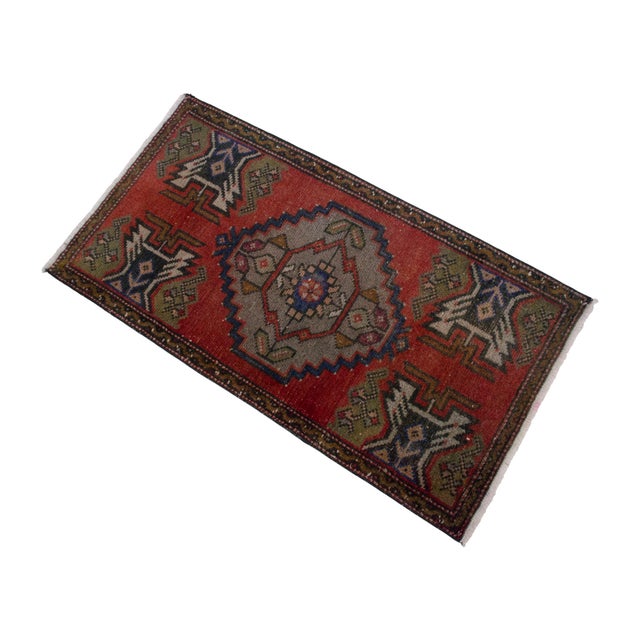 Distressed Low Pile Turkish Yastik Petite Rug Hand Knotted Faded Mat - 20'' X 39'' For Sale - Image 6 of 13