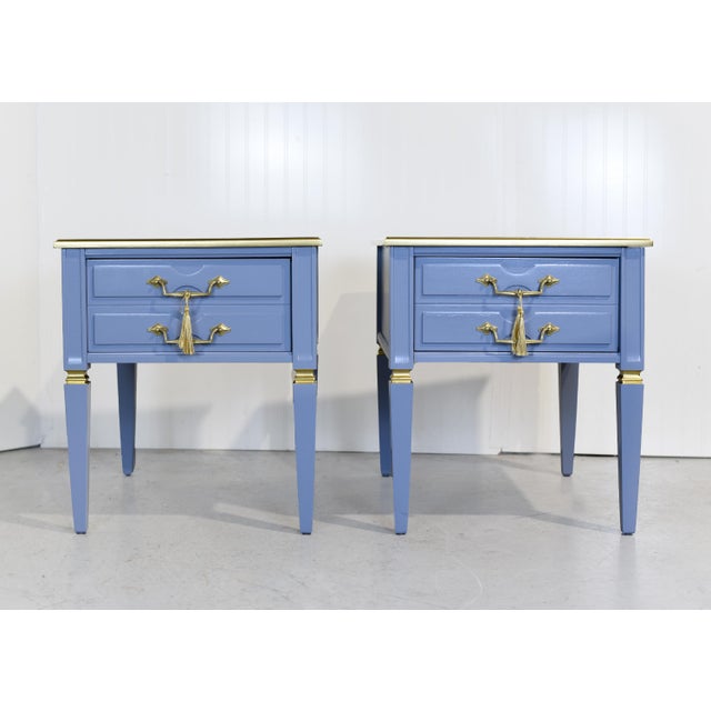 Mid Century Transitional Side Tables in Blue and Gold Newly Painted - A Pair For Sale - Image 4 of 12
