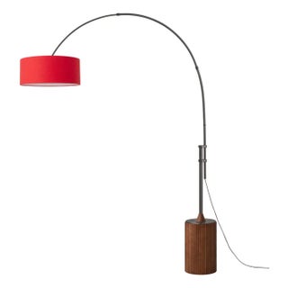 Tambo 92" Arc Floor Lamp - Black Nickel, Dark Walnut Base, Crimson Red Linen Shade, Mid-Century Modern For Sale