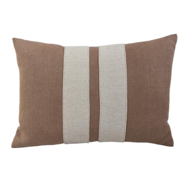 French Brown W/ Cream Appliqué Stripes Wool/Linen Feather/Down Pillow For Sale In Los Angeles - Image 6 of 7