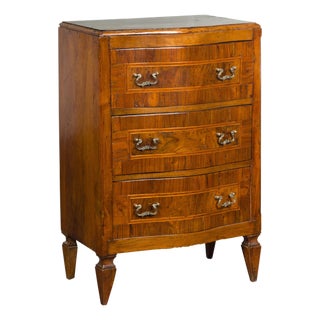 Italian 1800s Petite Walnut Three-Drawer Bow Front Chest with Banding For Sale