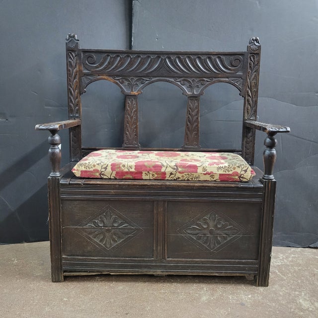 English Antique Oak Carved Bench/Settle With Storage Base For Sale - Image 10 of 18
