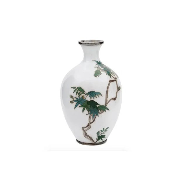Japanese "Whispers of Elegance: Rare White Japanese Cloisonné Wisteria Tree Enamel Vase" For Sale - Image 3 of 7