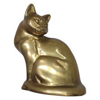 Vintage Brass Crouching Cat Statue For Sale