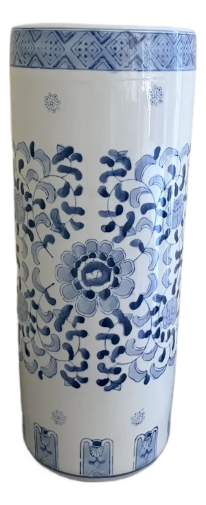 Vintage Chinoiserie Blue & White Porcelain Umbrella Stand With Floral Motif
