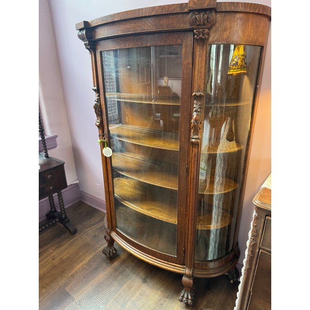 Victorian Antique Oak Curved Front China Cabinet W/Claw Feet For Sale - Image 3 of 4