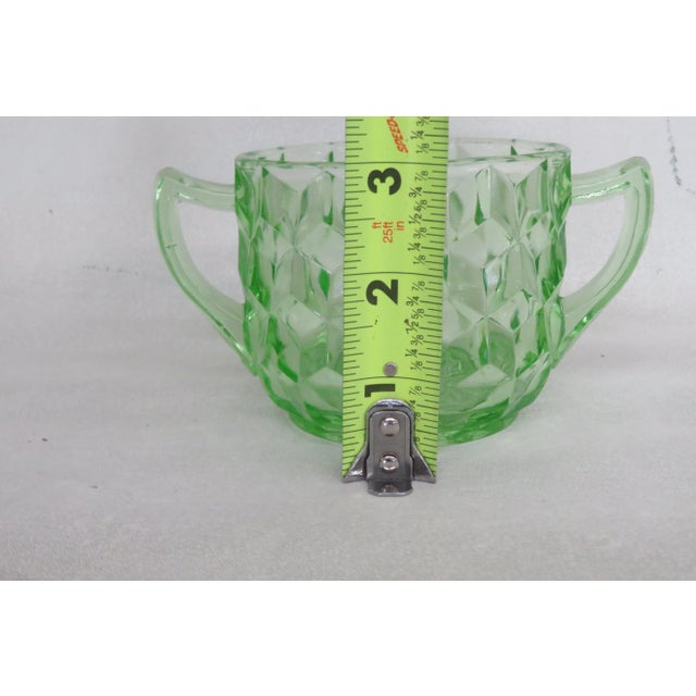 Glass Jeanette Vaseline Uranium Green Glass Sugar Bowl Cubist Pattern For Sale - Image 7 of 12