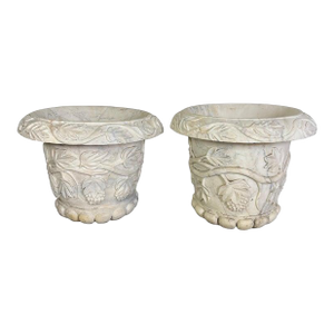 Pair of 19th Century Hand-Carved Carrara Marble Urn Planters, Italy