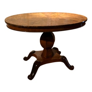 Antique Biedermeier Italian Burl Walnut and Maple Oval Dining Table with Faceted Pedestal, 1800s For Sale